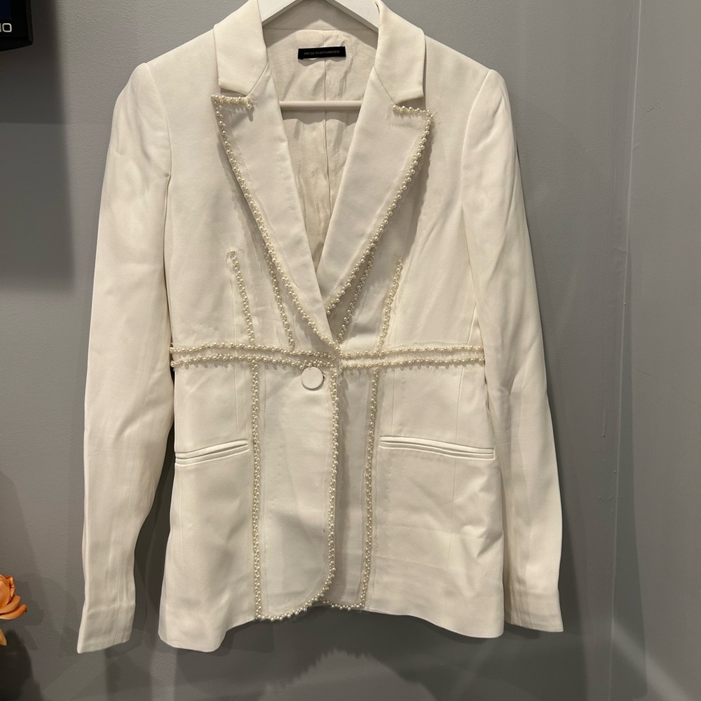 Elegant White Blazer with Pearl Detailing